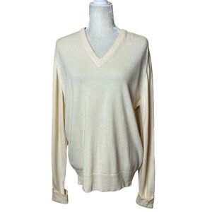 Vintage Woolf Brothers Size XL Ivory Cashmere Unisex V-Neck, Long Sleeve Sweater